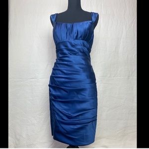 Bill Levkoff Navy Ruched Satin Cocktail Dress Size 8